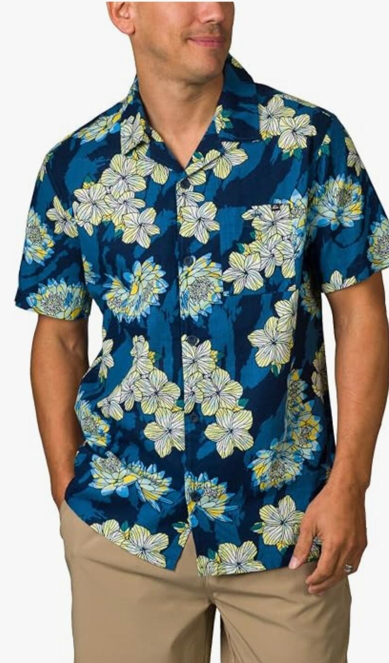 M1305) Reef Men Large Blue Floral Tafford Short Sleeve Pocket Camp Shirt